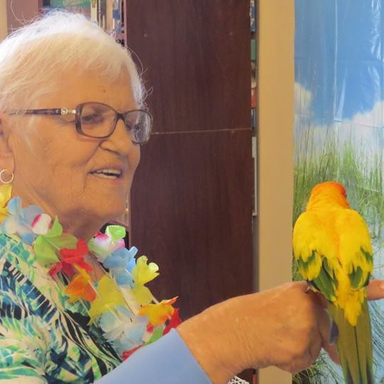Elderly woman holding parrot