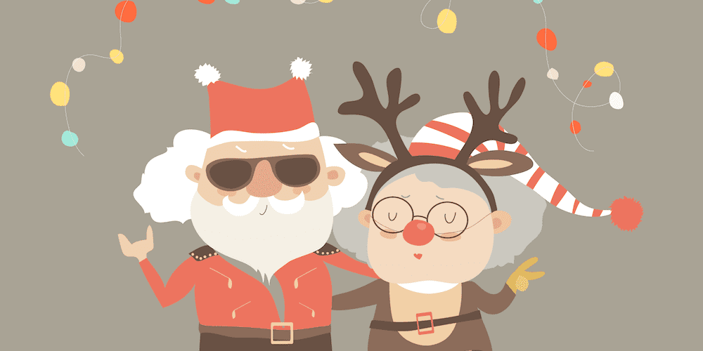 Cartoon of Grandma and Grandpa dressed up for Christmas
