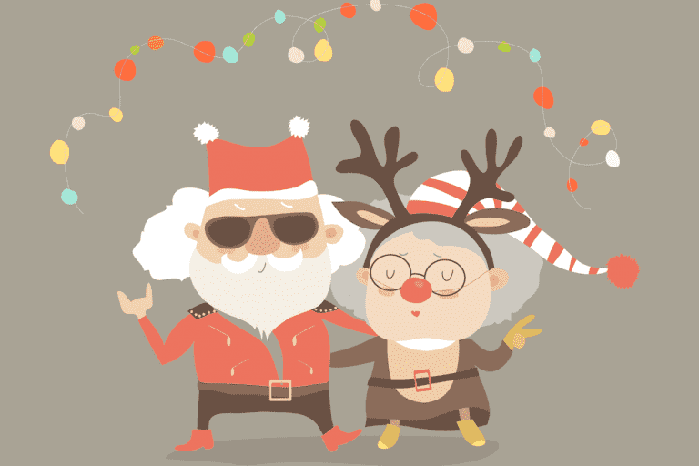 Cartoon of Grandma and Grandpa dressed up for Christmas